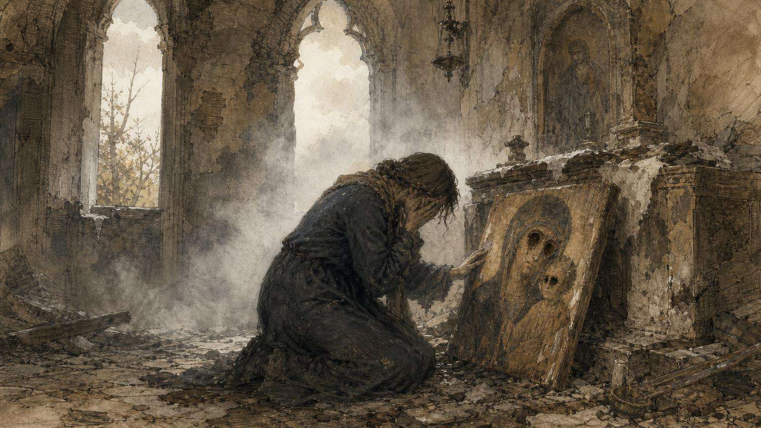 Ilustrácia k povesti: Obraz s vyrezanými očami