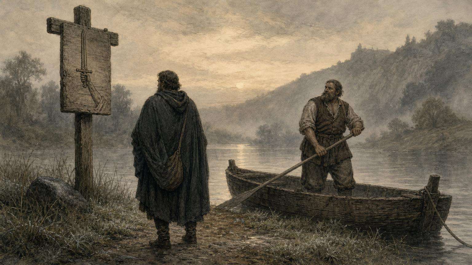 Ilustrácia k povesti: Ruka s mečom pri prievoze