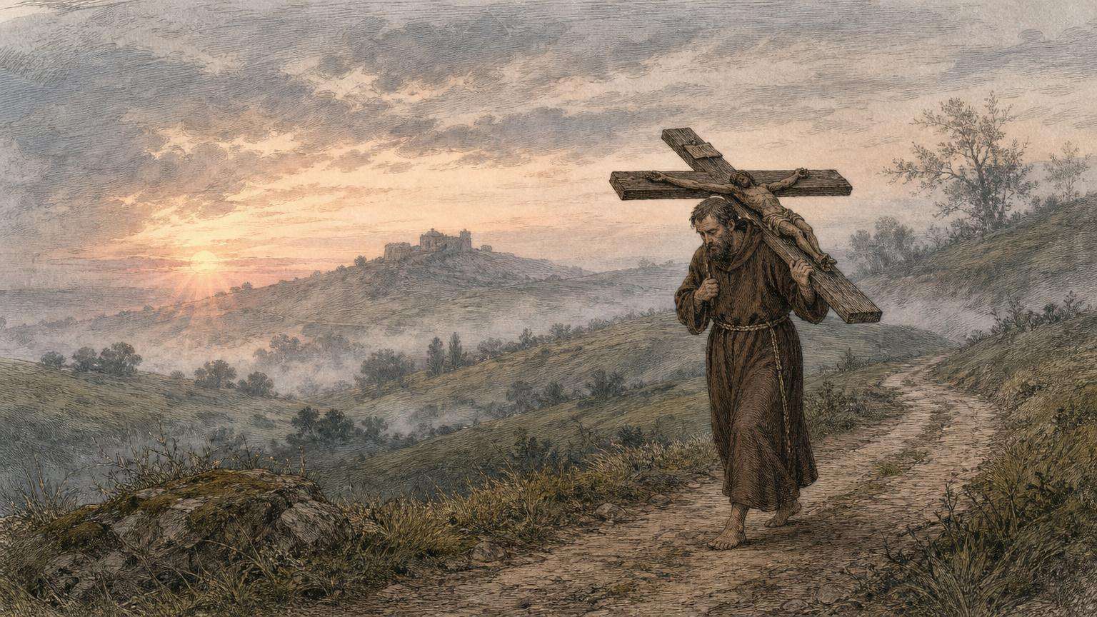 Ilustrácia k povesti: Opát, ktorý niesol kríž do Ríma