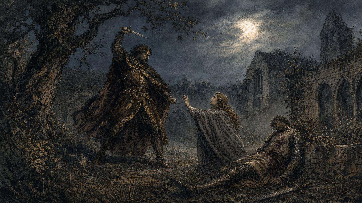 Ilustrácia k povesti: Otcova kliatba v kláštornej záhrade