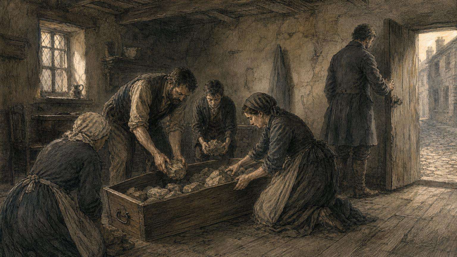 Ilustrácia k povesti: Rakva naplnená kamením
