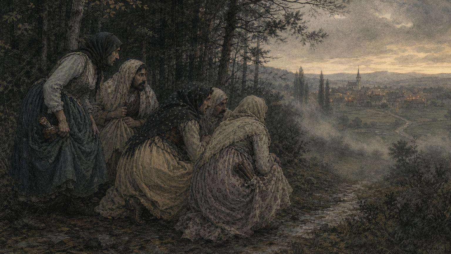 Ilustrácia k povesti: Podpaľači v ženských šatách