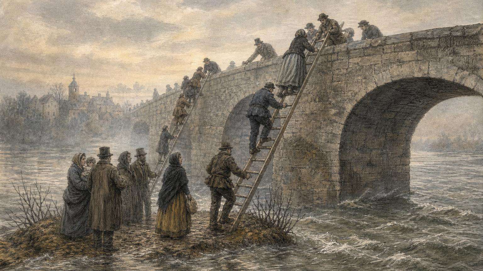 Ilustrácia k povesti: Po rebríkoch na most