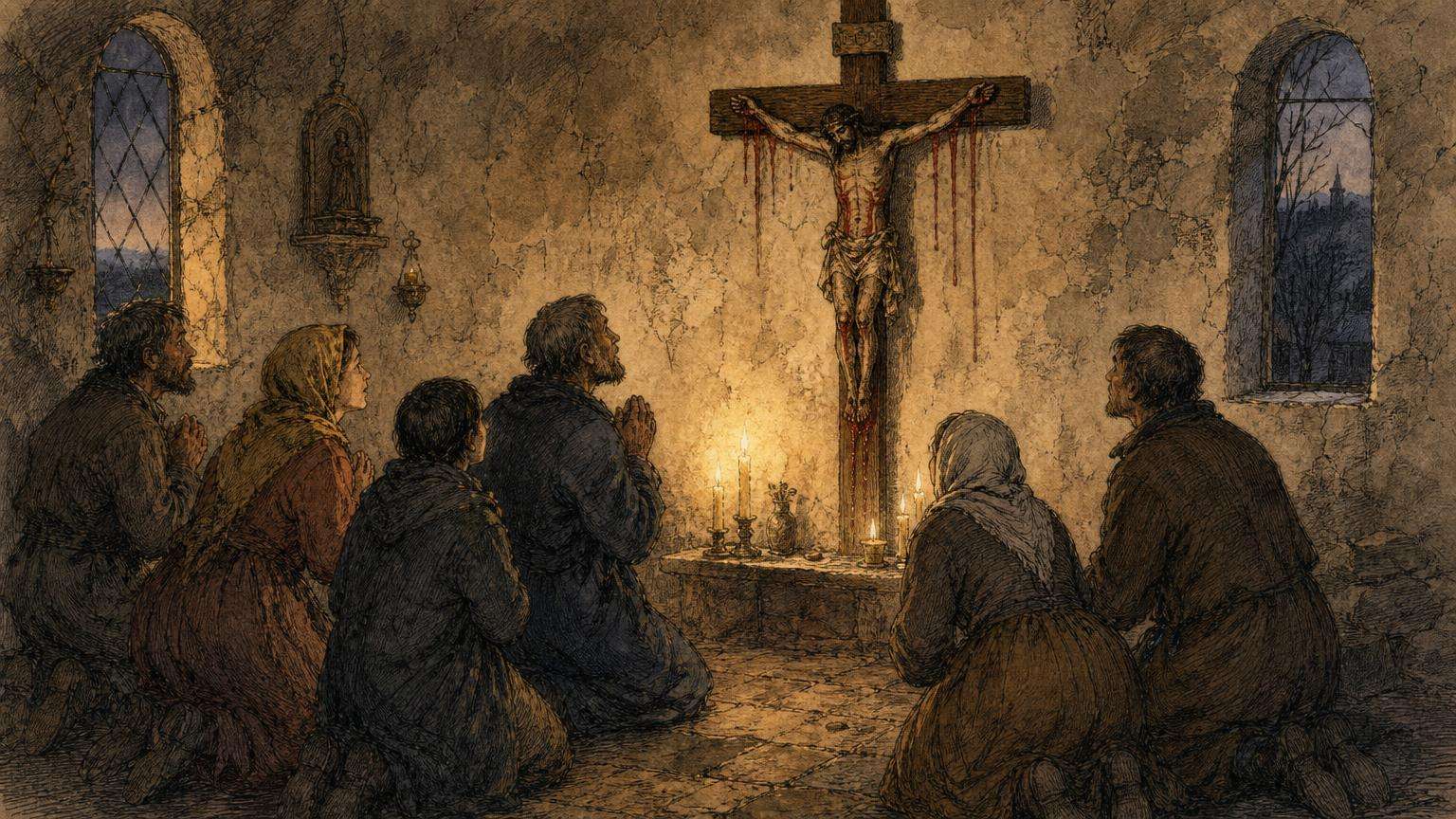 Ilustrácia k povesti: Kríž, ktorý sa potil krvou