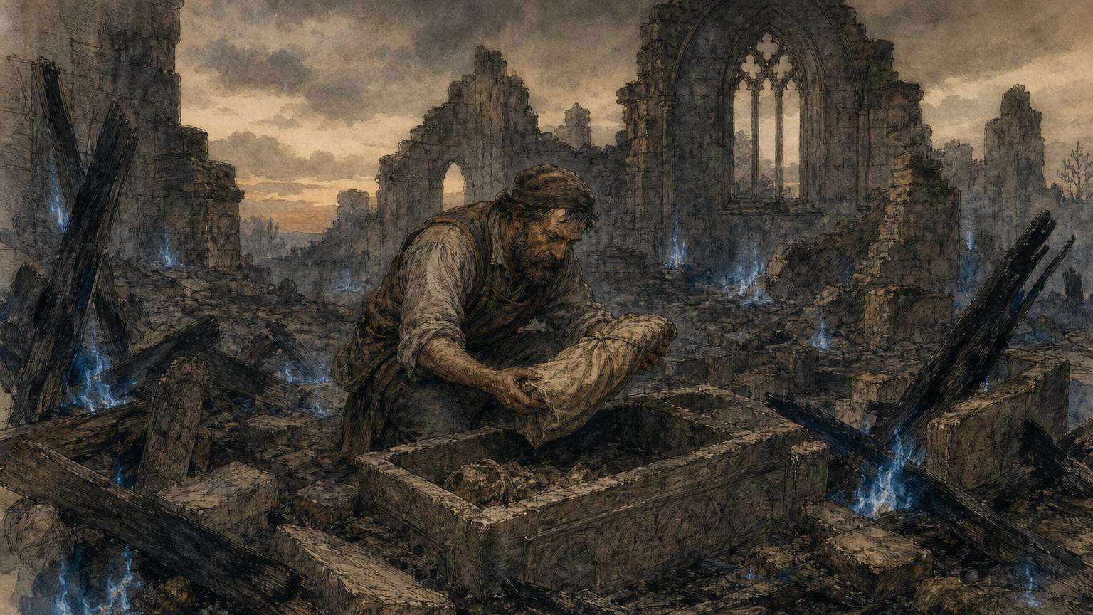 Ilustrácia k povesti: Kamenár, ktorý ostatky odcudzil