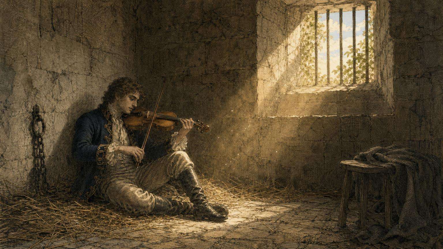 Ilustrácia k povesti: Dalibor sa vo väzení naučil na husle
