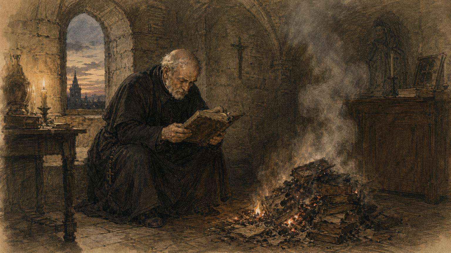 Ilustrácia k povesti: Koniáš a spálené knihy