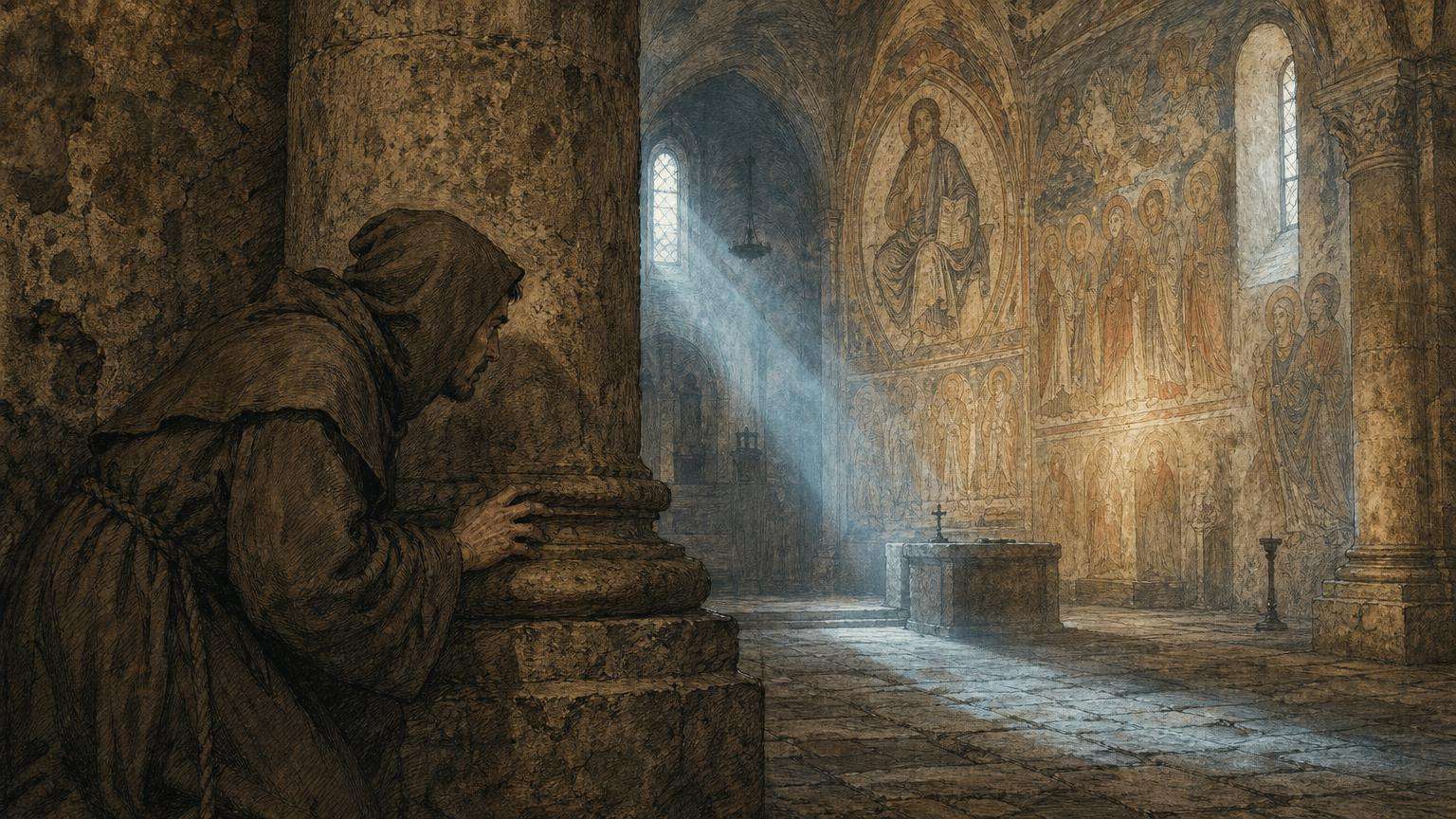 Ilustrácia k povesti: Zvedavý mních za stĺpom
