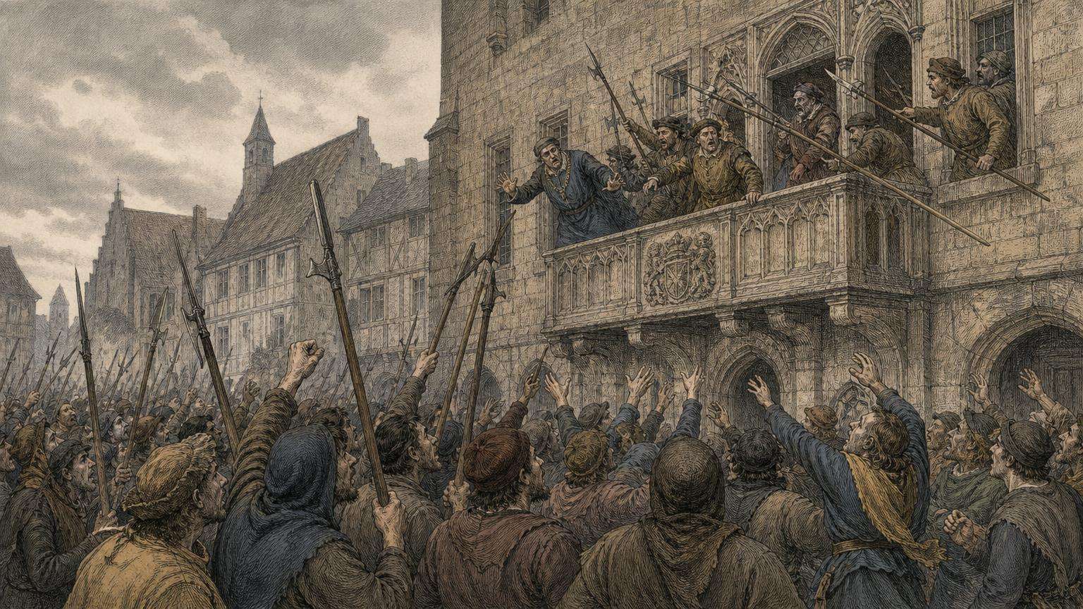 Ilustrácia k povesti: Kňaz Ján Želivský a zmetenie konšelov z okien