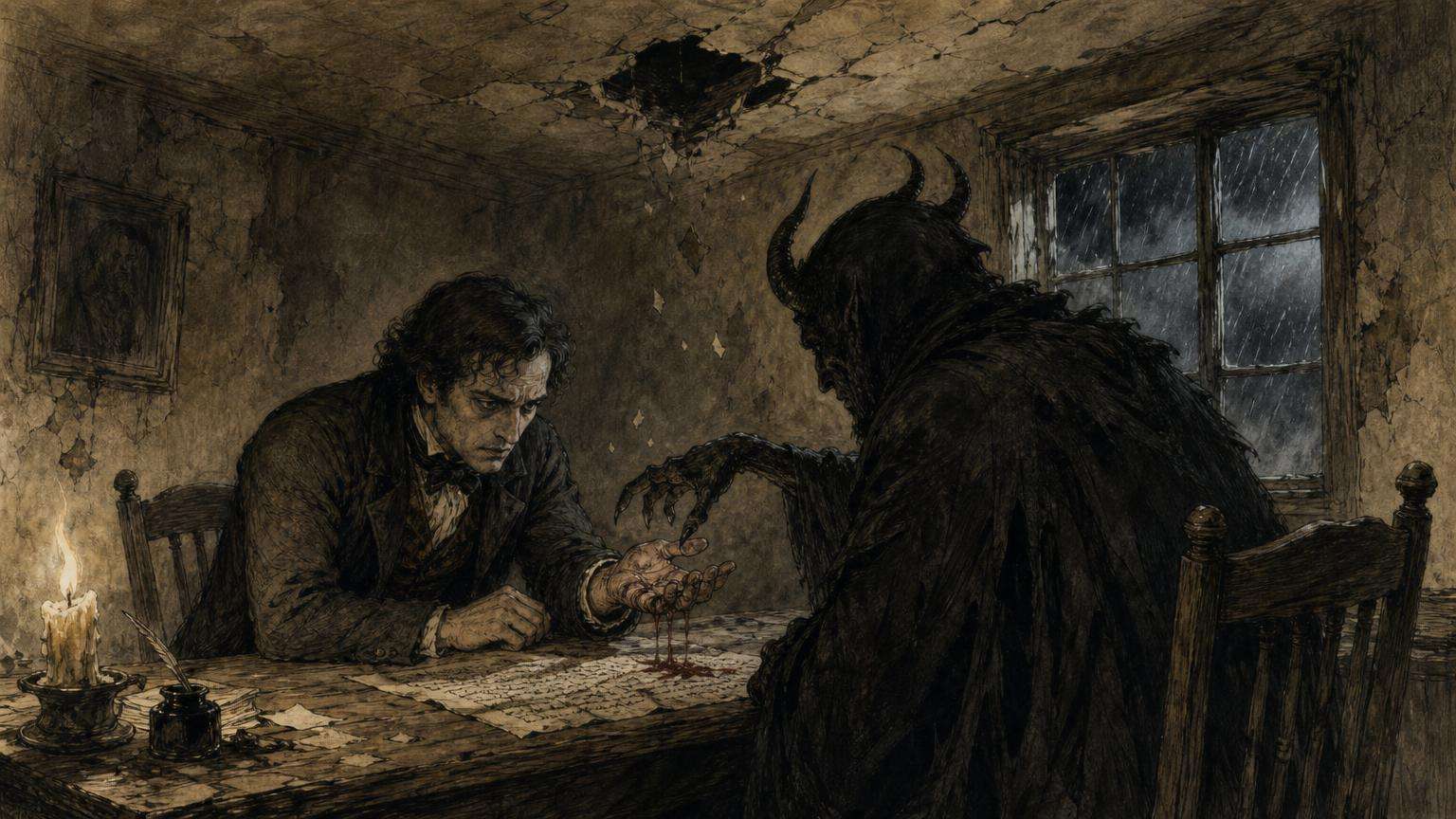Ilustrácia k povesti: Faustova zmluva a diera v strope