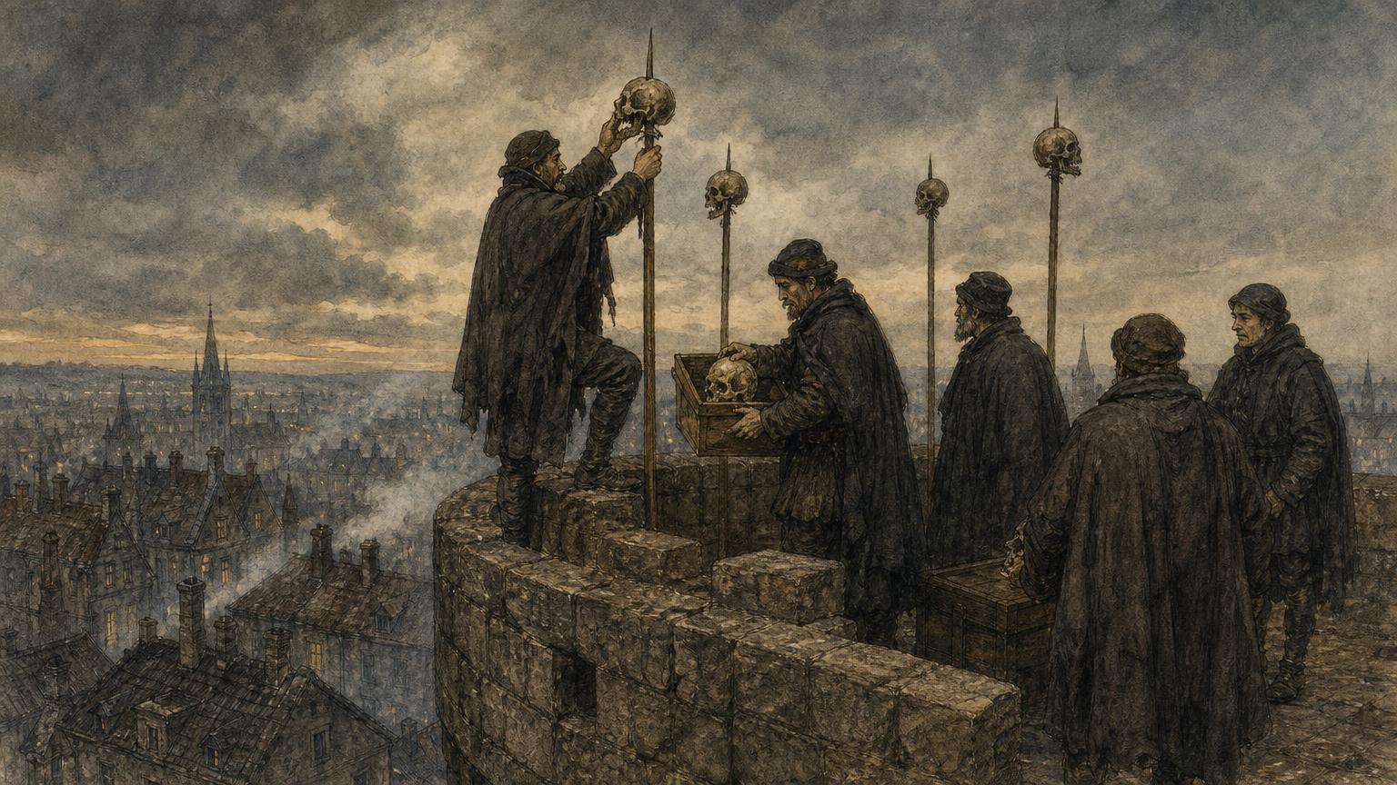 Ilustrácia k povesti: Hlavy na veži a ich nočný pohreb