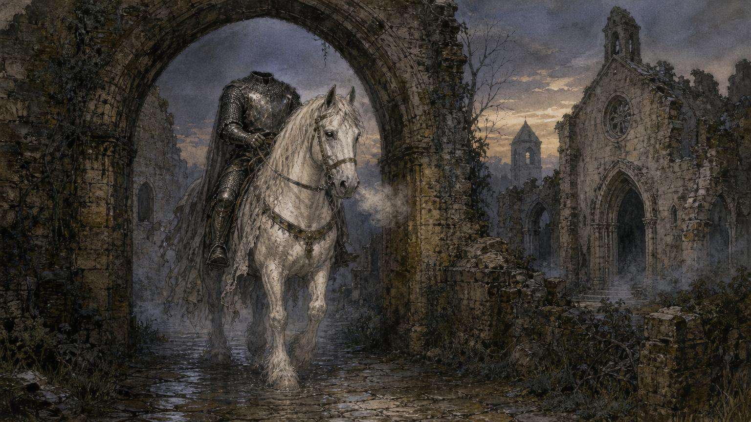 Ilustrácia k povesti: Bezhlavý templár na bielom koni