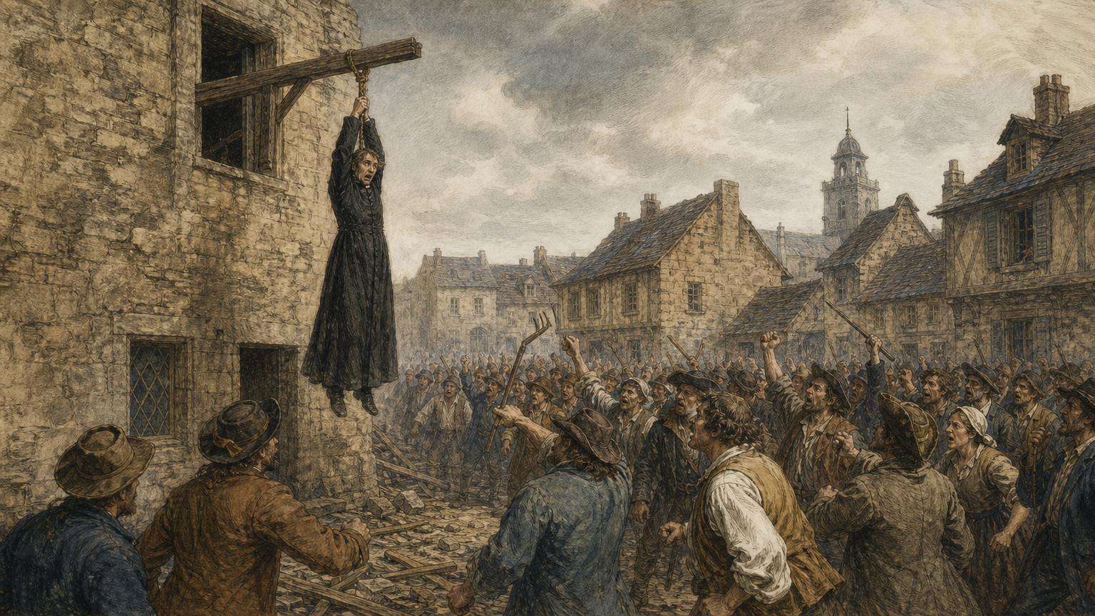 Ilustrácia k povesti: Farár na tráme z okna