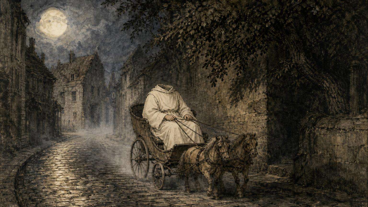 Ilustrácia k povesti: Bezhlavý mních v detskom kočíku