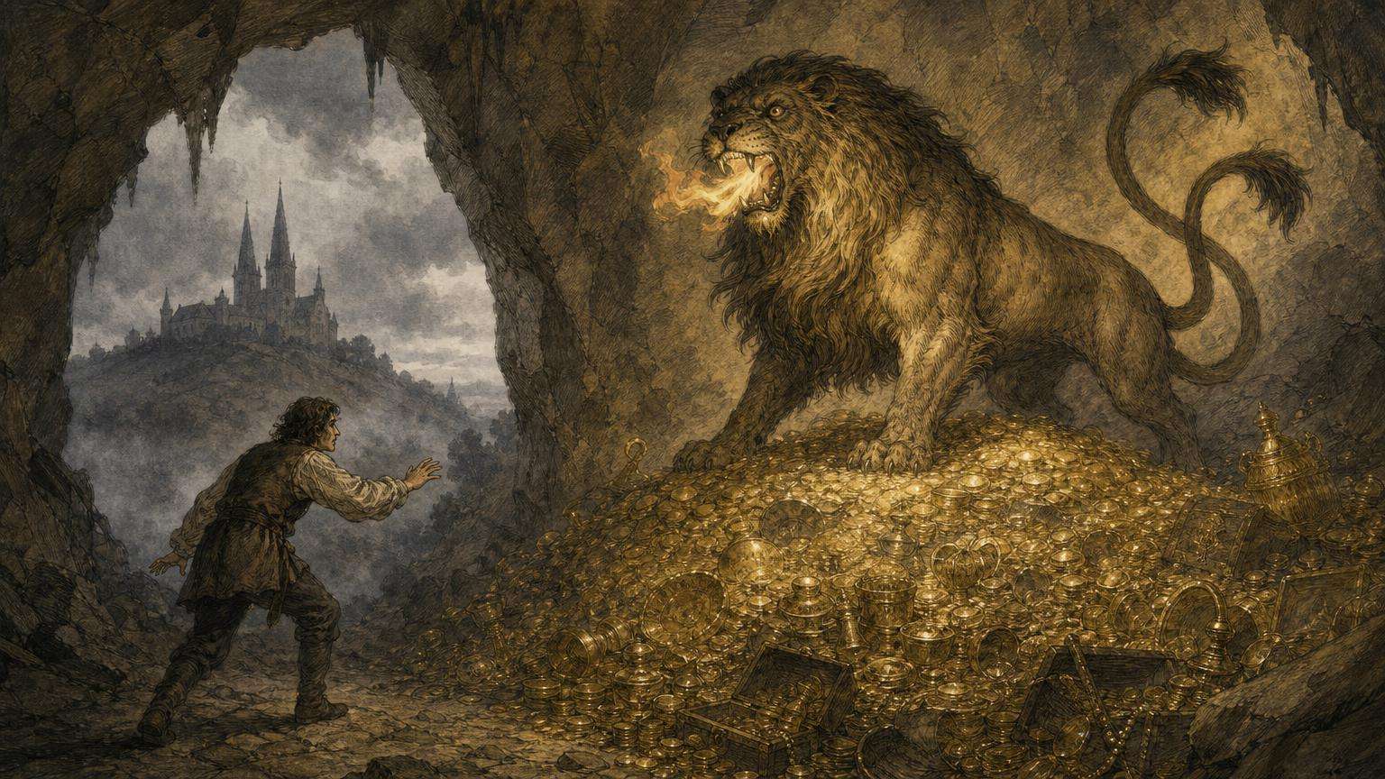 Ilustrácia k povesti: Zlato, ktoré stráži dvojchvostý lev