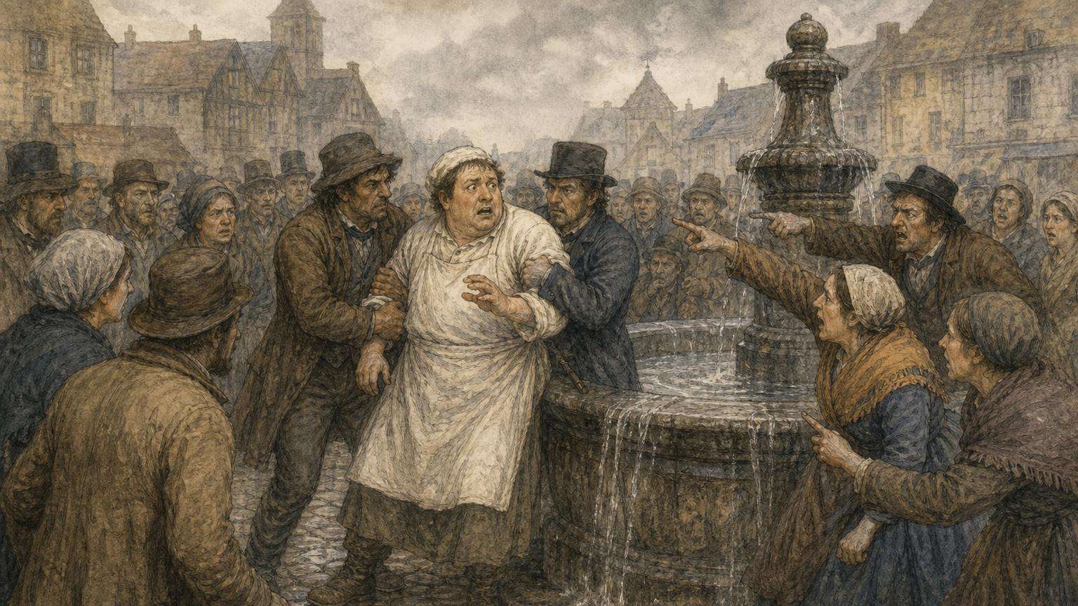 Ilustrácia k povesti: Kašna, do ktorej ponárali pekárov