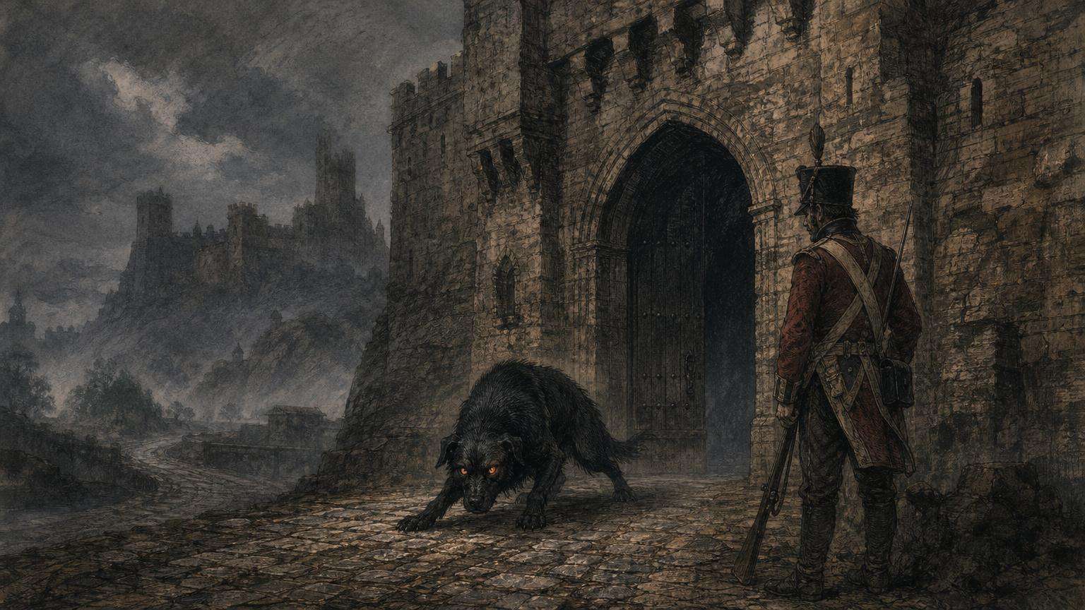 Ilustrácia k povesti: Čierny pes s ohnivými očami