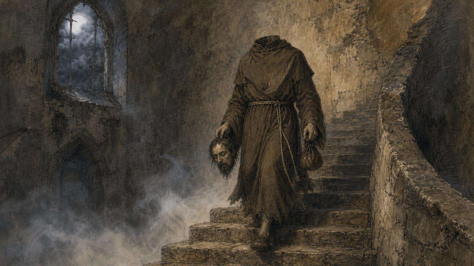 Ilustrácia k povesti: Bezhlavý mních s mešcom
