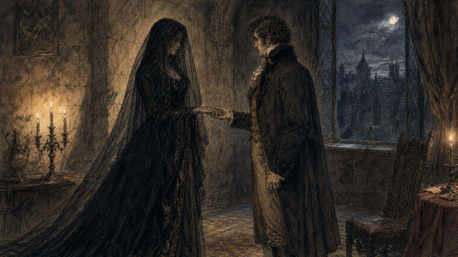Ilustrácia k povesti: Dáma pod čiernym závojom